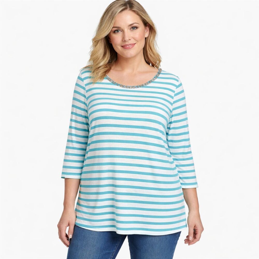 Chico’s Blue Rock Star Stripe Tunic Tee Size 3 XL Embellished